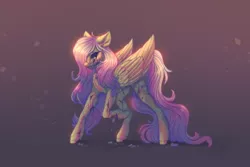 Size: 1600x1068 | Tagged: semi-grimdark, artist:blitsazalisdash, derpibooru import, fluttershy, pegasus, pony, black sclera, black tears, chest fluff, cracked, cracks, crumbling, ear fluff, female, folded wings, gradient background, hoof fluff, image, mare, petrification, png, raised hoof, solo, standing, three quarter view, wings