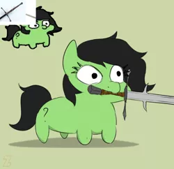 Size: 830x802 | Tagged: safe, artist:zebra, derpibooru import, oc, oc:anonfilly, unofficial characters only, earth pony, pony, claymore, earth pony oc, female, filly, foal, image, mouth hold, png, signature, simple background, solo, squatpony, sword, weapon