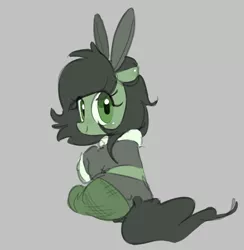 Size: 701x718 | Tagged: suggestive, artist:parfait, derpibooru import, oc, oc:anonfilly, pony, aggie.io, animal costume, bunny costume, bunny ears, butt, clothes, costume, female, filly, foal, gray background, image, looking at you, looking back, looking back at you, panties, plot, png, simple background, sitting, smiling, socks, stockings, thigh highs, underwear