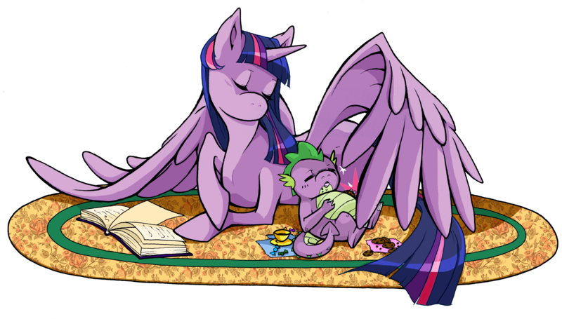 Size: 2835x1612 | Tagged: safe, artist:obliviusmoon, derpibooru import, spike, twilight sparkle, twilight sparkle (alicorn), alicorn, dragon, pony, 2014, book, chocolate chip cookies, female, image, male, mare, png, simple background, that pony sure does love books, transparent background