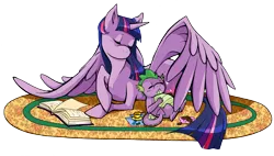 Size: 2835x1612 | Tagged: safe, artist:obliviusmoon, derpibooru import, spike, twilight sparkle, twilight sparkle (alicorn), alicorn, dragon, pony, 2014, book, chocolate chip cookies, female, image, male, mare, png, simple background, that pony sure does love books, transparent background