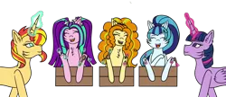 Size: 2000x863 | Tagged: suggestive, artist:icicle-wicicle-1517, artist:rose-blade, color edit, derpibooru import, edit, adagio dazzle, aria blaze, sonata dusk, sunset shimmer, twilight sparkle, twilight sparkle (alicorn), ponified, alicorn, earth pony, pony, unicorn, bondage, brush, cheek fluff, chest fluff, collaboration, colored, equestria girls ponified, erotic tickling, eyes closed, feather, female, femdom, femsub, fetish, glow, glowing horn, hoof fetish, hoof tickling, horn, image, laughing, magic, mare, open mouth, png, stocks, submissive, the dazzlings, tickle fetish, tickle torture, tickling