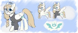 Size: 2500x1080 | Tagged: safe, artist:metaruscarlet, derpibooru import, oc, oc:sunny harmony, unofficial characters only, angel pony, original species, pegasus, pony, angel, chest fluff, clothes, cross, cute, cutie mark, female, halo, image, jewelry, mare, necklace, png, reference sheet, sweater