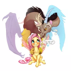 Size: 1600x1600 | Tagged: safe, artist:gor1ck, derpibooru import, discord, fluttershy, draconequus, pegasus, pony, blushing, duo, duo male and female, embarrassed, female, grin, image, jpeg, male, mare, nervous, nervous grin, simple background, sitting, smiling, speech bubble, spread wings, telepathy, white background, wings