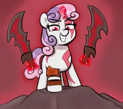 Size: 2139x1896 | Tagged: safe, artist:heretichesh, derpibooru import, sweetie belle, pony, unicorn, blades of chaos, female, filly, foal, glow, glowing horn, god of war, grin, horn, image, jpeg, kratos, levitation, magic, red eyes, smiling, solo, sword, telekinesis, weapon
