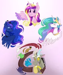 Size: 1280x1542 | Tagged: safe, artist:imaplatypus, derpibooru import, izzy moonbow, princess cadance, princess celestia, princess luna, alicorn, draconequus, pony, crown, female, g5, image, jewelry, jpeg, male, mare, one of these things is not like the others, regalia, royalty