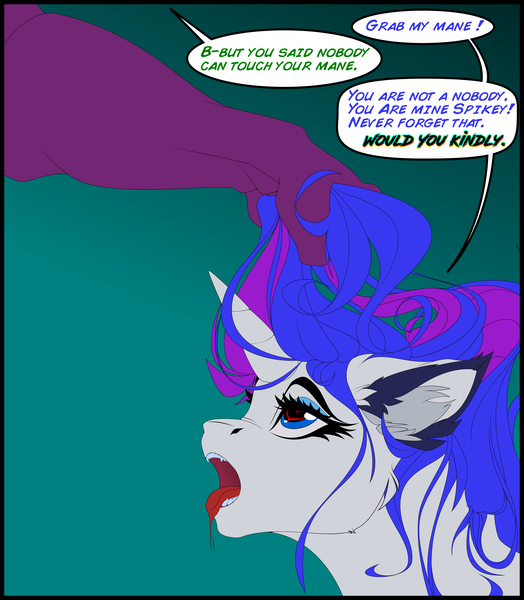 Size: 4096x4691 | Tagged: questionable, artist:dimidiummorsumbra, derpibooru import, rarity, spike, dialogue, drool, ear fluff, female, hair grab, image, male, older, older spike, png, shipping, sparity, straight, tongue out