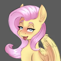 Size: 2048x2048 | Tagged: suggestive, artist:knochka, derpibooru import, fluttershy, pegasus, pony, bedroom eyes, blushing, bust, chest fluff, female, gray background, image, jpeg, looking at you, mare, simple background, solo, solo female, tongue out