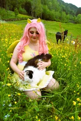 Size: 4000x6000 | Tagged: safe, artist:shadeila, artist:themoonraven, derpibooru import, fluttershy, cat, horse, human, absurd resolution, clothes, cosplay, costume, image, irl, irl human, jpeg, meadow, photo, solo