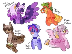 Size: 1280x964 | Tagged: safe, artist:sallyqwest623, derpibooru import, oc, unofficial characters only, earth pony, hybrid, pegasus, pony, unicorn, zony, body freckles, bowtie, crack ship offspring, freckles, glasses, hair over eyes, image, jpeg, magical gay spawn, magical lesbian spawn, offspring, one eye closed, parent:big macintosh, parent:derpy hooves, parent:flam, parent:mud briar, parent:party favor, parent:pinkie pie, parent:rainbow dash, parent:rolling thunder, parent:twilight sparkle, parent:zecora, parents:derpypie, parents:rainbowmac, potion, simple background, sunglasses, tongue out, watermark, white background, wink