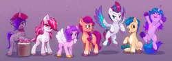 Size: 4779x1708 | Tagged: safe, artist:xbi, derpibooru import, hitch trailblazer, izzy moonbow, onyx, pipp, pipp petals, sugar moonlight, sunny starscout, zipp storm, earth pony, pegasus, pony, unicorn, female, flying, g5, gradient background, image, jpeg, male, mane five (g5), mare, pipp is short, spread wings, stallion, wings