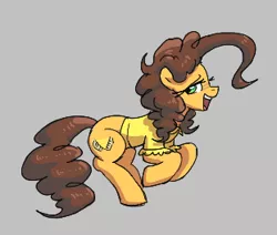 Size: 311x264 | Tagged: safe, artist:plunger, derpibooru import, cheese sandwich, earth pony, pony, aggie.io, clothes, female, gray background, grilled cheese (r63), image, looking back, lowres, mare, open mouth, png, raised hoof, rule 63, shirt, side view, simple background, smiling, solo