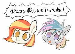 Size: 2568x1855 | Tagged: safe, artist:noupu, derpibooru import, oc, oc:poniko, oc:rokuchan, unofficial characters only, earth pony, pony, duo, duo female, female, image, japanese, jpeg, mare, moon runes, simple background, speech bubble, white background