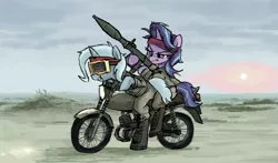 Size: 1087x639 | Tagged: safe, artist:plunger, derpibooru import, starlight glimmer, trixie, pony, unicorn, bandana, boots, clothes, duo, eyebrows, female, goggles, grin, hoof hold, horn, image, mare, messy mane, motorcycle, png, rocket launcher, rpg-7, shoes, sitting, smiling, sun, teeth, vehicle, weapon