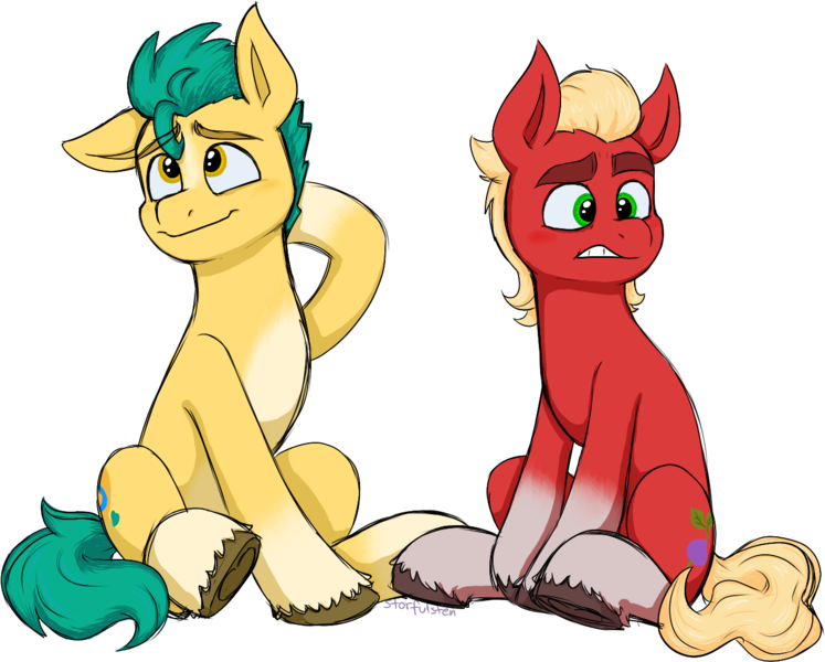 Size: 1338x1075 | Tagged: safe, artist:storfulsten, derpibooru import, hitch trailblazer, sprout cloverleaf, earth pony, pony, blushing, cute, g5, gay, hitchsprout, image, male, png, shipping