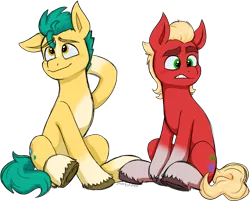 Size: 1338x1075 | Tagged: safe, artist:storfulsten, derpibooru import, hitch trailblazer, sprout cloverleaf, earth pony, pony, blushing, cute, g5, gay, hitchsprout, image, male, png, shipping