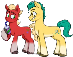 Size: 500x392 | Tagged: safe, artist:storfulsten, derpibooru import, hitch trailblazer, sprout cloverleaf, earth pony, drinking, g5, gay, hitchsprout, image, male, png, shipping, smoothie