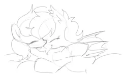 Size: 430x261 | Tagged: safe, artist:plunger, derpibooru import, oc, oc:anonfilly, oc:silverfoot, unofficial characters only, bat pony, earth pony, pony, bat ponified, bat pony oc, bat wings, cuddling, ear fluff, earth pony oc, eyes closed, female, filly, grayscale, image, kissing, mare, monochrome, png, race swap, shipping, simple background, sketch, smiling, white background, wings