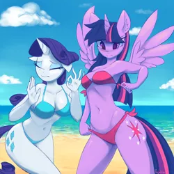 Size: 1512x1512 | Tagged: safe, artist:fajeh, derpibooru import, rarity, twilight sparkle, alicorn, anthro, unicorn, bandeau, beach, beach babe, belly button, bikini, blushing, breasts, clothes, cloud, duo, duo female, ear fluff, eye clipping through hair, eyebrows, eyebrows visible through hair, eyes closed, eyeshadow, female, floppy ears, horn, image, makeup, meme, ocean, png, side-tie bikini, signature, smiling, spread wings, swimsuit, tail, water, when x just right, wings