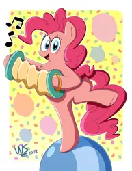 Size: 2550x3300 | Tagged: safe, artist:wilsonswondertoons, derpibooru import, pinkie pie, earth pony, pony, accordion, balloon, bipedal, confetti, female, image, looking at you, mare, music notes, musical instrument, open mouth, open smile, png, smiling, smiling at you, solo, standing, standing on one leg