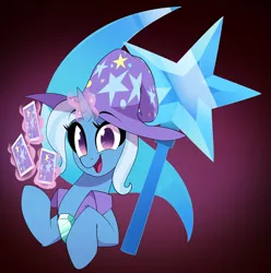 Size: 3500x3526 | Tagged: safe, artist:light262, derpibooru import, trixie, pony, unicorn, brooch, cape, card, clothes, cute, cutie mark, diatrixes, female, glow, glowing horn, hat, high res, hooves, horn, image, jewelry, jpeg, looking at you, magic, mare, open mouth, open smile, playing card, smiling, solo, telekinesis, trixie's brooch, trixie's cape, trixie's hat