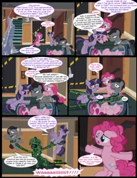 Size: 1042x1358 | Tagged: safe, artist:dendoctor, derpibooru import, doctor whooves, mean twilight sparkle, pinkie pie, time turner, twilight sparkle, twilight sparkle (alicorn), alicorn, earth pony, pegasus, pony, comic:clone.., alternate universe, bandage, book, bookshelf, bookstore, clone, comic, discord whooves, discorded whooves, female, frozen, homunculus, i was frozen today, image, injured, jpeg, male, middle feather, middle finger, pinkie clone, the doctor, vulgar, wing hands, wings