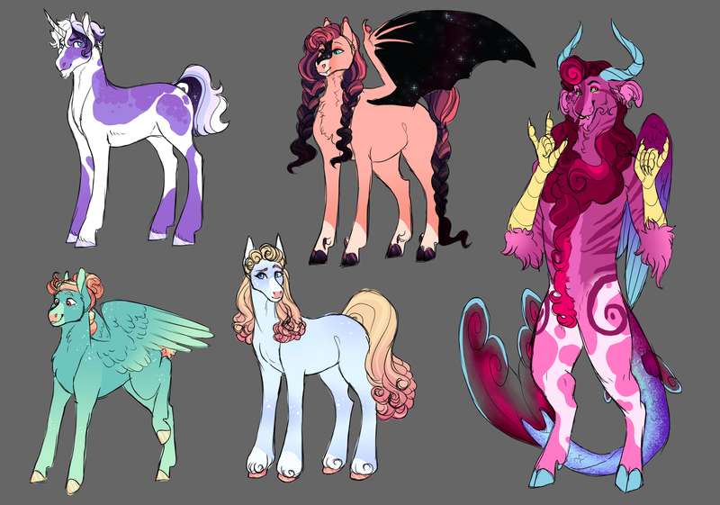 Size: 2851x2000 | Tagged: safe, artist:felinenostalgic, derpibooru import, oc, oc:blue pearmain, oc:midnight shower, oc:polar north, oc:riptide reef, oc:whirligig, unofficial characters only, bat pony, draconequus, earth pony, pegasus, pony, unicorn, bat pony oc, bat wings, draconequus oc, female, gray background, image, interspecies offspring, magical lesbian spawn, male, mare, offspring, parent:applejack, parent:cheese sandwich, parent:discord, parent:double diamond, parent:fluttershy, parent:king sombra, parent:pinkie pie, parent:rainbow dash, parent:rarity, parent:twilight sparkle, parents:cheesedash, parents:diamondlight, parents:discopie, parents:rarijack, parents:sombrashy, png, simple background, stallion, wings