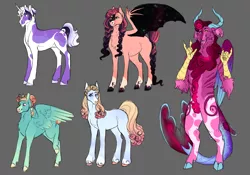 Size: 2851x2000 | Tagged: safe, artist:felinenostalgic, derpibooru import, oc, oc:blue pearmain, oc:midnight shower, oc:polar north, oc:riptide reef, oc:whirligig, unofficial characters only, bat pony, draconequus, earth pony, pegasus, pony, unicorn, bat pony oc, bat wings, draconequus oc, female, gray background, image, interspecies offspring, magical lesbian spawn, male, mare, offspring, parent:applejack, parent:cheese sandwich, parent:discord, parent:double diamond, parent:fluttershy, parent:king sombra, parent:pinkie pie, parent:rainbow dash, parent:rarity, parent:twilight sparkle, parents:cheesedash, parents:diamondlight, parents:discopie, parents:rarijack, parents:sombrashy, png, simple background, stallion, wings