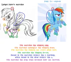 Size: 1110x978 | Tagged: safe, artist:lauren faust, derpibooru import, edit, rainbow dash, pegasus, pony, comparison, concept art, female, image, mare, multicolored hair, png, rainbow hair, show bible, simple background, smiling, spread wings, text, white background, wings