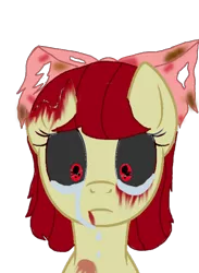 Size: 570x777 | Tagged: grimdark, artist:tokkazutara1164, derpibooru import, apple bloom, earth pony, pony, story of the blanks, bad end, blanked apple bloom, blood, bow, crying, dirt, female, hair bow, image, mare, png, sad, simple background, transparent background, zalgo