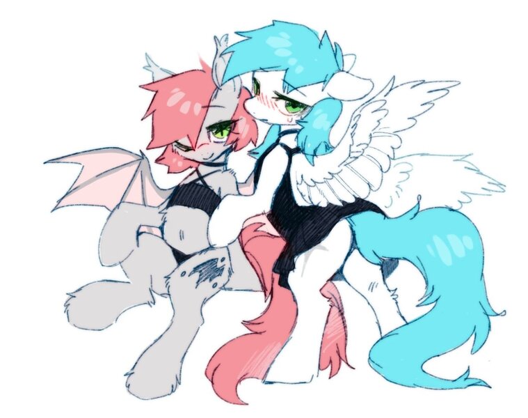 Size: 1265x1000 | Tagged: suggestive, artist:swaybat, derpibooru import, oc, unofficial characters only, bat pony, pegasus, pony, bat pony oc, bat wings, image, jpeg, pegasus oc, wings