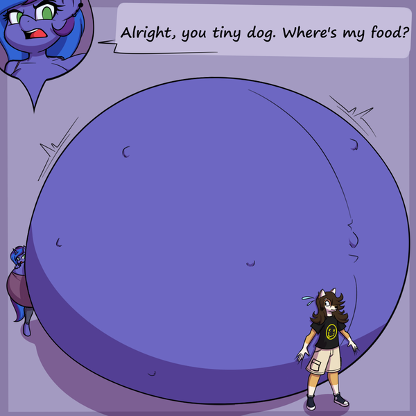 Size: 2000x2000 | Tagged: questionable, artist:funble, derpibooru import, oc, oc:blue monday, oc:isaac, unofficial characters only, anthro, dog, shiba inu, unicorn, abstract background, belly, big belly, big breasts, breasts, clothes, dialogue, female, furry, furry oc, huge belly, huge breasts, hyper, hyper belly, hyper pregnancy, image, impossibly large belly, impossibly large breasts, male, nirvana, png, pregnant, simple background