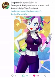 Size: 720x1024 | Tagged: safe, artist:the-butch-x, derpibooru import, edit, rarity, oc, oc:calpain, human, equestria girls, it isn't the mane thing about you, season 7, alternate hairstyle, belly button, breasts, busty rarity, calpain, cleavage, clothes, female, hand on hip, humanized, image, jpeg, meta, midriff, open mouth, pants, peace sign, punk, raripunk, signature, solo, tongue out, twitter