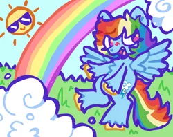 Size: 1006x798 | Tagged: safe, artist:toaestt, derpibooru import, rainbow dash, pegasus, pony, blushing, cloud, fangs, female, grass, happy, image, open mouth, png, rainbow, shiny hoof, smiling, solo, spread wings, sun, wings