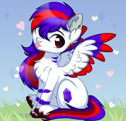 Size: 3772x3640 | Tagged: safe, artist:derik, derpibooru import, oc, oc:chiseled amethyst, unofficial characters only, pegasus, pony, chest fluff, commission, cute, cutie mark, diamond, ear piercing, earring, grass, grass field, heart, image, jewelry, male, piercing, png, sitting, solo, spread wings, stallion, tongue out, wings, ych result