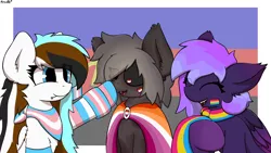 Size: 4444x2500 | Tagged: safe, artist:monycaalot, derpibooru import, oc, oc:caustic love, oc:luka mint, oc:tinderbox, unofficial characters only, earth pony, pegasus, commission, earth pony oc, eyepatch, female, heart, image, lesbian pride flag, pansexual pride flag, pegasus oc, png, pride, pride flag, pride month, smiling, transgender pride flag, trio, trio female, wings, ych result