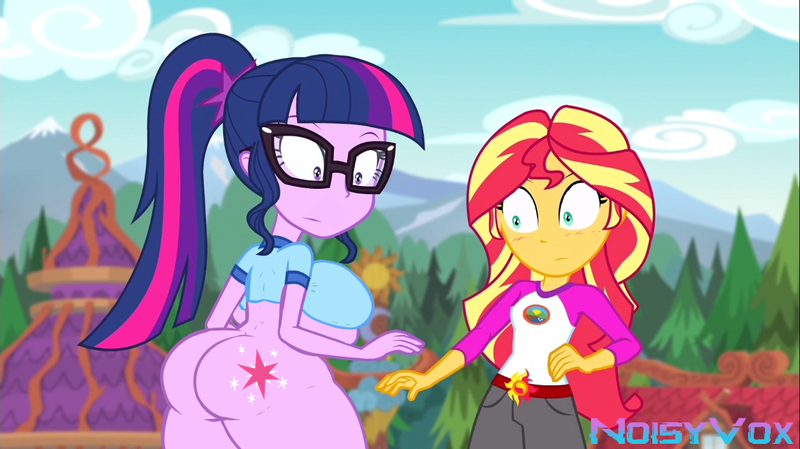 Size: 1100x618 | Tagged: questionable, artist:noisyvox, derpibooru import, edit, edited screencap, screencap, sunset shimmer, twilight sparkle, anthro, human, equestria girls, big breasts, breasts, butt, cutie mark, cutie mark on equestria girl, cutie mark on human, humanized, image, large butt, png