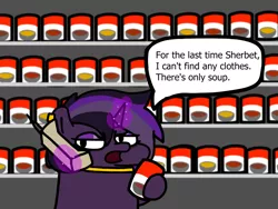 Size: 1024x768 | Tagged: safe, artist:fluttershank, derpibooru import, oc, oc:purple haze, unicorn, angry, ear piercing, earring, food, grocery store, holding, hoof hold, i'm at soup, image, jewelry, magic, meme, mobile phone, necklace, phone, piercing, png, soup, speech bubble, squatpony, telekinesis, text