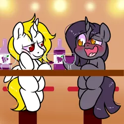 Size: 1000x1000 | Tagged: safe, artist:paperbagpony, derpibooru import, oc, unofficial characters only, alcohol, blushing, bottle, glass, image, png, sitting, wine, wine bottle, wine glass