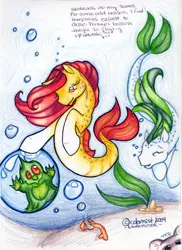 Size: 432x594 | Tagged: safe, artist:colormist, derpibooru import, oc, unofficial characters only, merpony, sea pony, bubble, cute, dorsal fin, eyes closed, fish tail, flowing tail, green mane, image, jpeg, ocean, red eyes, red mane, seaweed, signature, smiling, swimming, tail, text, traditional art, underwater, water