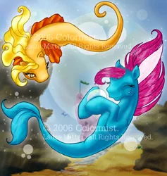 Size: 438x463 | Tagged: safe, artist:colormist, derpibooru import, oc, unofficial characters only, merpony, sea pony, bubble, colored, cute, eyes closed, fins, fish tail, flowing mane, flowing tail, image, looking at each other, looking at someone, ocean, pink mane, png, signature, smiling, swimming, tail, traditional art, underwater, water, watermark, yellow mane