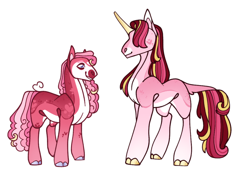 Size: 1101x789 | Tagged: safe, artist:obsidian-paint, derpibooru import, oc, unofficial characters only, cloven hooves, coat markings, duo, hair over eyes, image, magical lesbian spawn, offspring, parent:cherry jubilee, parent:pinkie pie, parents:cadancepie, parents:cherrydance, png, simple background, transparent background