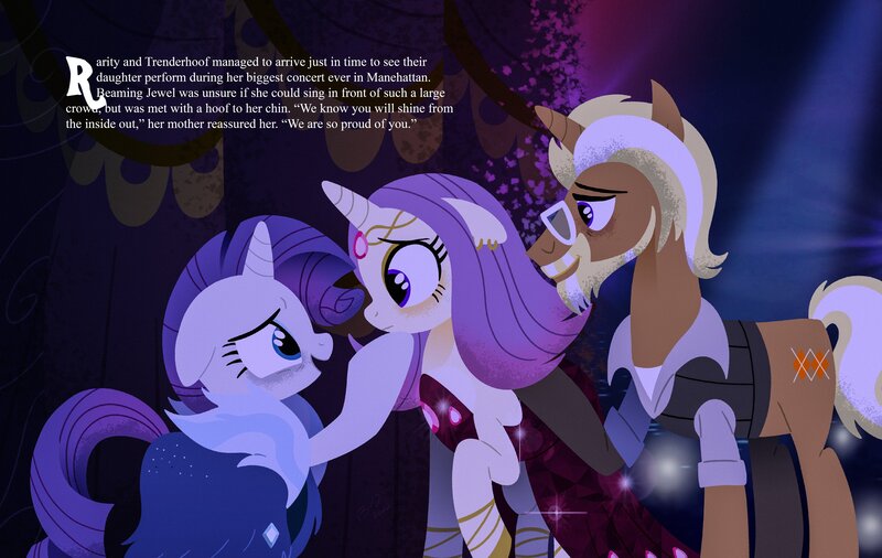 Size: 4096x2591 | Tagged: safe, artist:bearmation, derpibooru import, rarity, trenderhoof, oc, oc:beaming jewel, pony, unicorn, beard, clothes, dress, facial hair, family, female, floppy ears, glasses, height difference, hoof on chin, image, jpeg, looking at each other, looking at someone, male, mare, offspring, older, older rarity, older trenderhoof, parent:rarity, parent:trenderhoof, parents:trenderity, shipping, stallion, straight, text, trenderity, trio