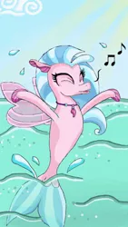 Size: 400x710 | Tagged: safe, artist:lucysketches, derpibooru import, silverstream, seapony (g4), blue mane, bubble, chibi, cloud, cute, eyes closed, female, fin wings, fins, fish tail, flowing mane, flowing tail, happy, image, jewelry, jpeg, music notes, necklace, ocean, seapony silverstream, singing, sky, smiling, solo, sunlight, tail, water, wings
