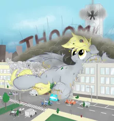 Size: 1338x1422 | Tagged: safe, artist:qkersnll, derpibooru import, derpy hooves, pony, city, crushing, destruction, female, giant pony, giantess, image, macro, png