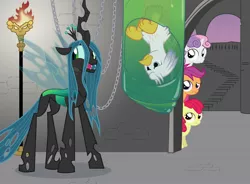 Size: 1600x1176 | Tagged: safe, derpibooru import, apple bloom, queen chrysalis, scootaloo, sweetie belle, oc, oc:silver quill, bird, changeling, changeling queen, earth pony, gryphon, pegasus, pony, unicorn, the return of queen chrysalis, bow, candle, castle, chains, cocoon, confused, cutie mark crusaders, fangs, female, filly, fire, foal, hair bow, hole, horn, image, jpeg, male, mare, spread wings, stairs, wings