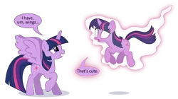 Size: 1600x894 | Tagged: artist needed, safe, derpibooru import, twilight sparkle, twilight sparkle (alicorn), alicorn, pony, unicorn, dialogue, female, glow, glowing eyes, horn, image, levitation, magic, mare, png, self paradox, self ponidox, shadow, simple background, smiling, speech bubble, spread wings, telekinesis, text, transparent background, unicorn twilight, wings