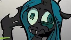 Size: 581x330 | Tagged: safe, artist:andypriceart, derpibooru import, edit, idw, queen chrysalis, changeling, changeling queen, pony, the return of queen chrysalis, spoiler:comic01, cropped, crown, derp, dizzy, fangs, female, head rub, hole, horn, image, jewelry, mare, png, regalia, swirly eyes