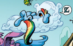 Size: 250x160 | Tagged: safe, artist:andypriceart, derpibooru import, edit, idw, firefly, rainbow dash, parasprite, pegasus, pony, the return of queen chrysalis, spoiler:comic01, cloud, cropped, female, image, lying down, mare, multicolored hair, on back, onomatopoeia, png, rainbow hair, sky, sleeping, snoring, sound effects, z