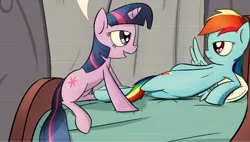 Size: 696x396 | Tagged: safe, artist:subjectnumber2394, derpibooru import, edit, rainbow dash, twilight sparkle, pegasus, pony, unicorn, bed, bedroom, bedroom eyes, blanket, comic, cropped, female, horn, image, lesbian, lying down, mare, multicolored hair, pillow, png, rainbow hair, shipping, smiling, spread wings, twidash, unicorn twilight, wings